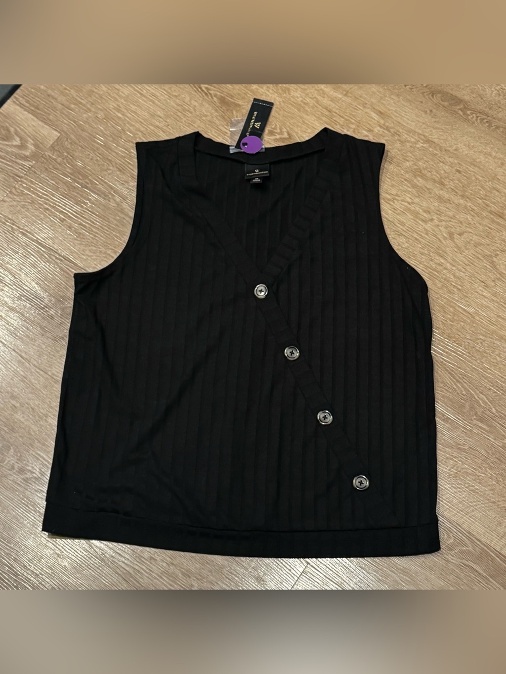 Worthington Black Ribbed V-Neck Button Tank Top
